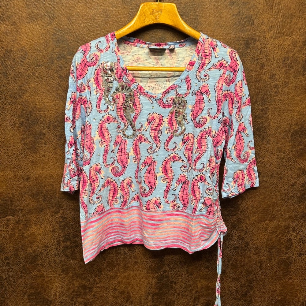 Seahorse Pink‎ Blue Sequined with Contrasting Striped Hem PXL Petite 3/4 Sleeve